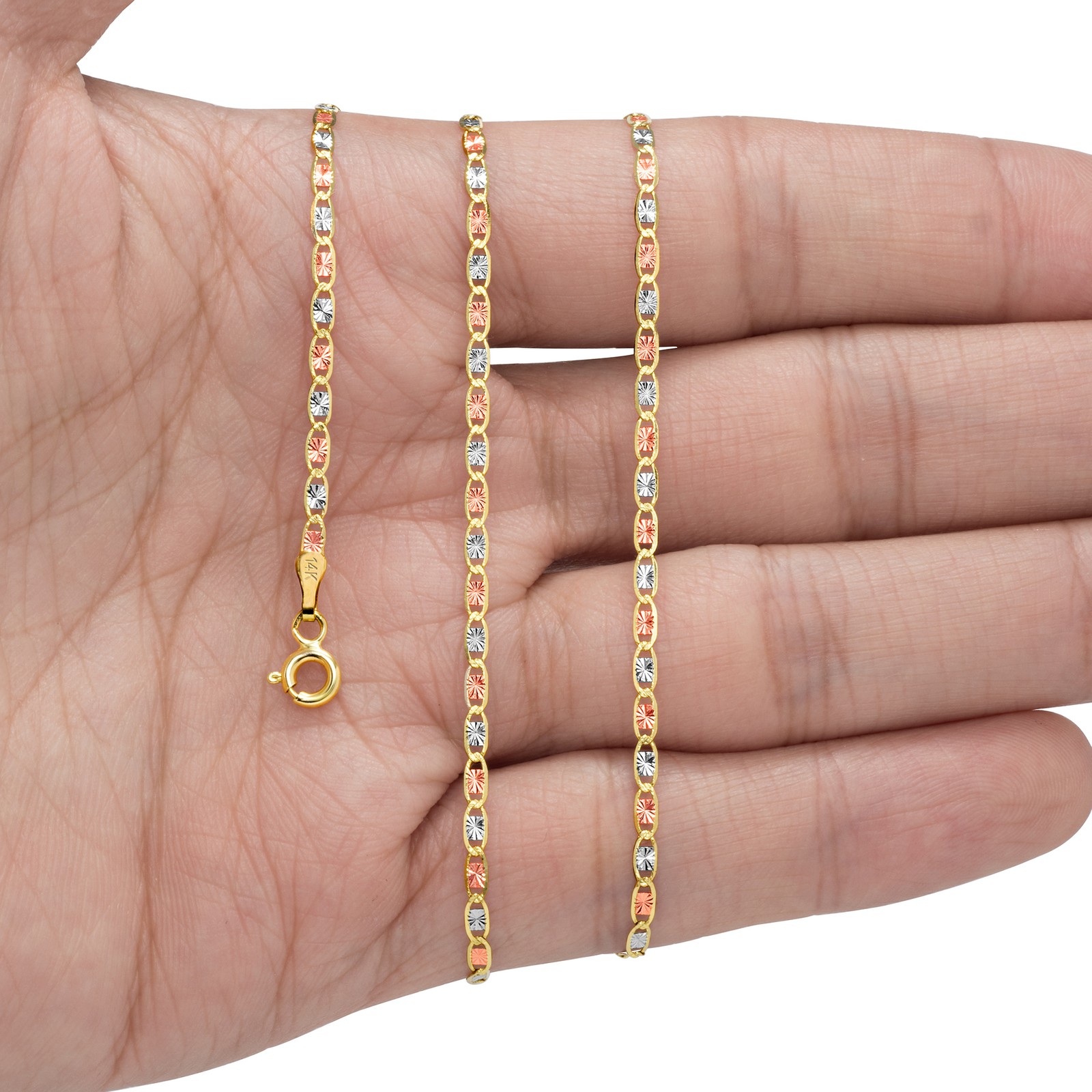 14K Solid Tri-color Yellow Rose White Gold 2mm Valentino Chain Necklace 16″- 24″