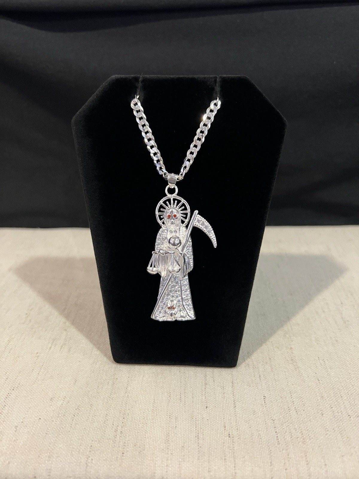 925 Sterling Silver Men Big CZ Santa Muerte Grim Reaper & Curb Chain 20 26 30