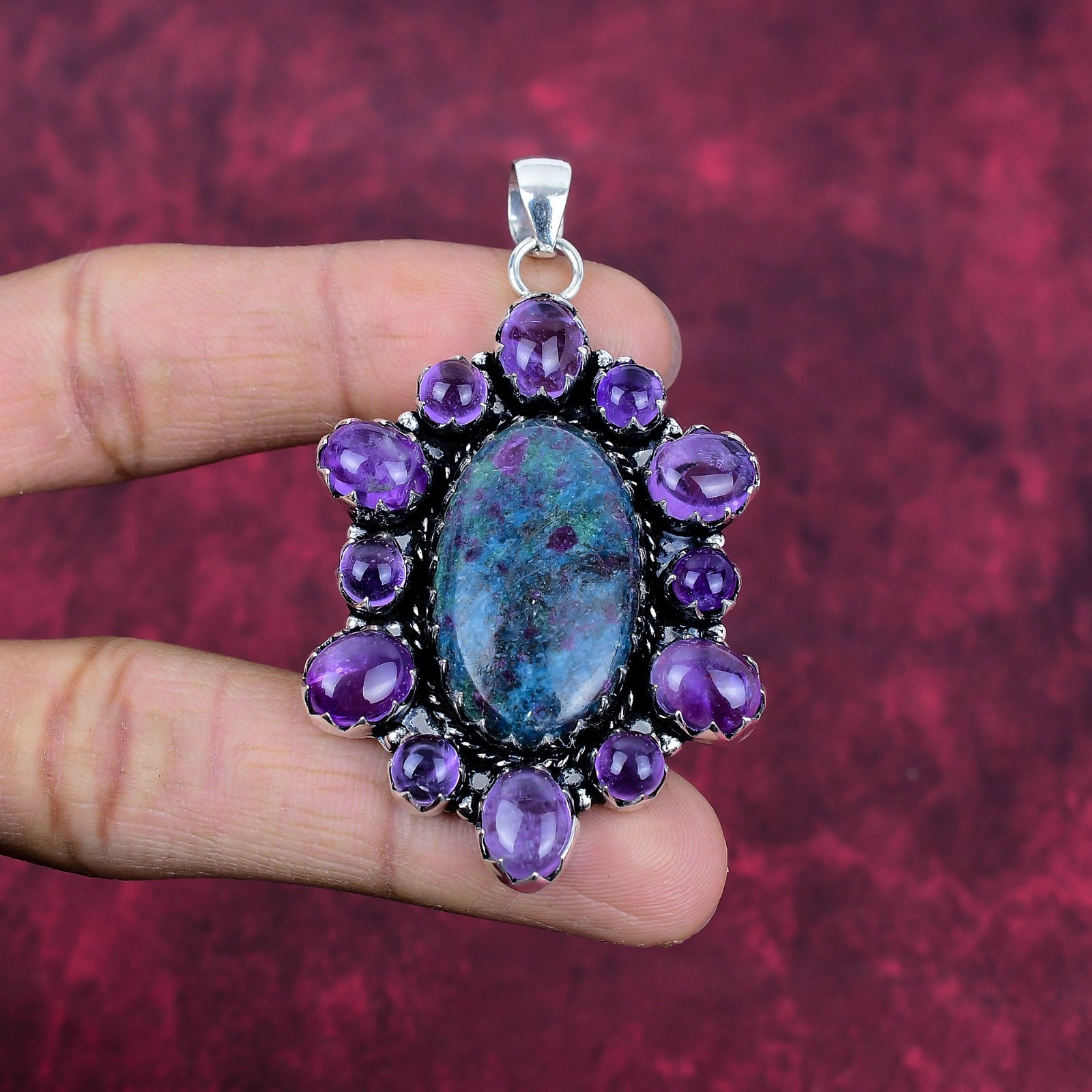 Ruby In Kyanite & Amethyst Gemstones Handmade 925 Sterling Silver Pendant