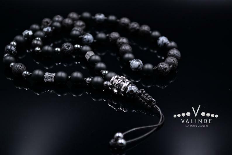 Mens Skull Necklace Cubic Zirconia Obsidian Lava Onyx Hematite Necklace – 70cm