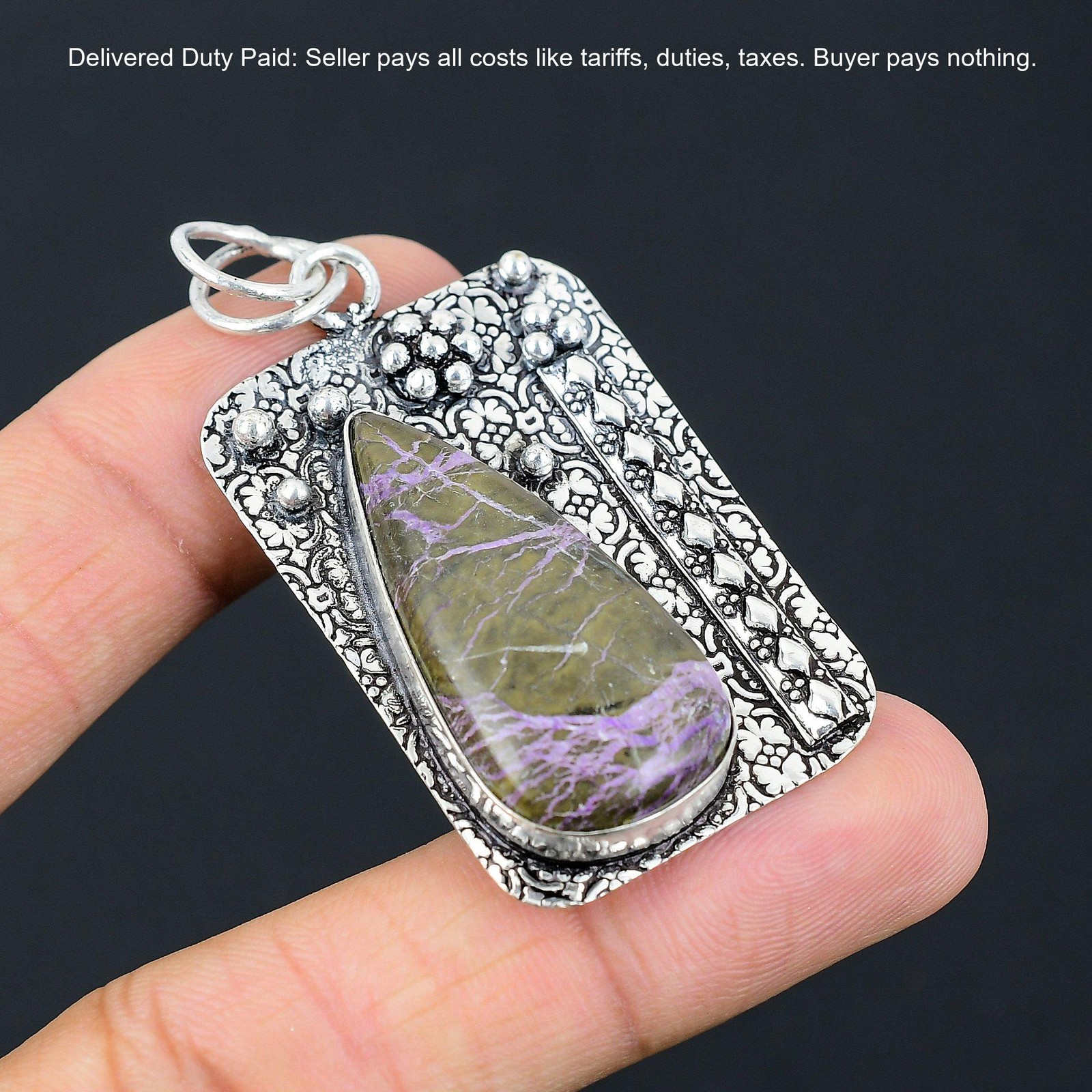 925 Silver Pear Purpurite Gemstone Wife Birthday Wedding Elegant Artisan Pendant
