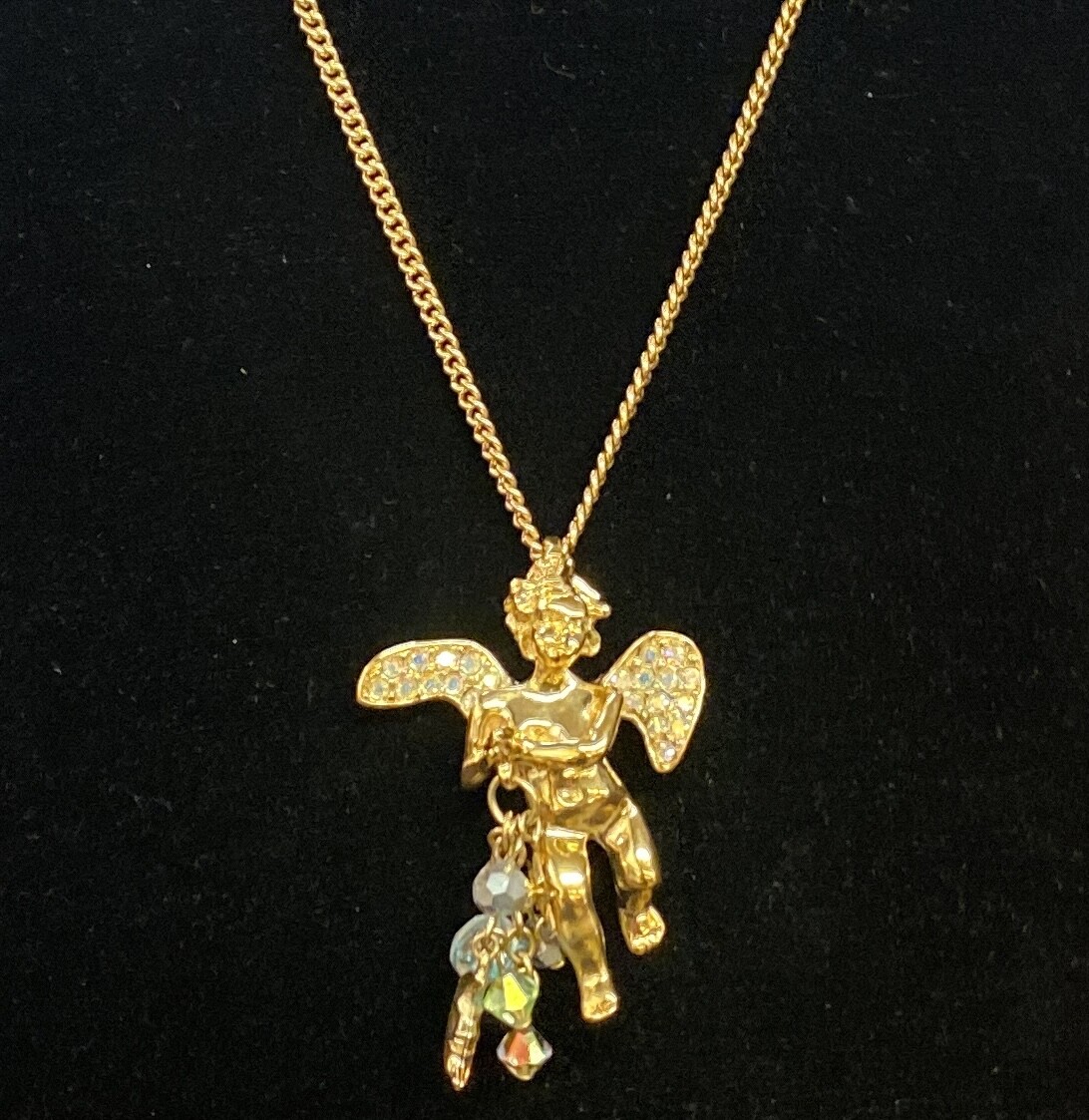 Vintage Kirks Folly “Angel Cherub” Crystal Dangle Moon Star Pendant Necklace DM.