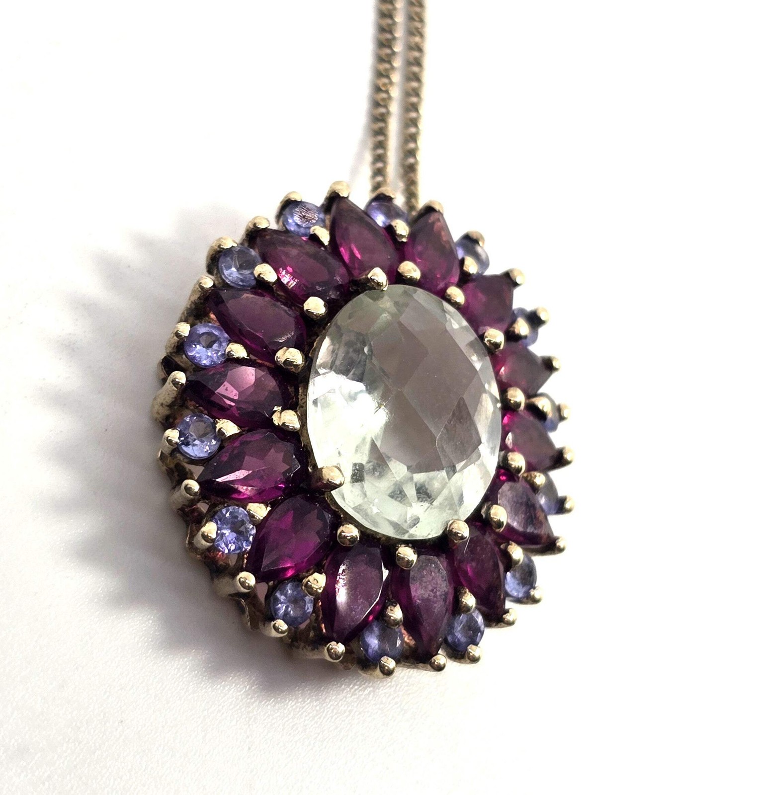 Prasiolite Green Amethyst Rhodolite Garnet tanzanite sterling silver necklace