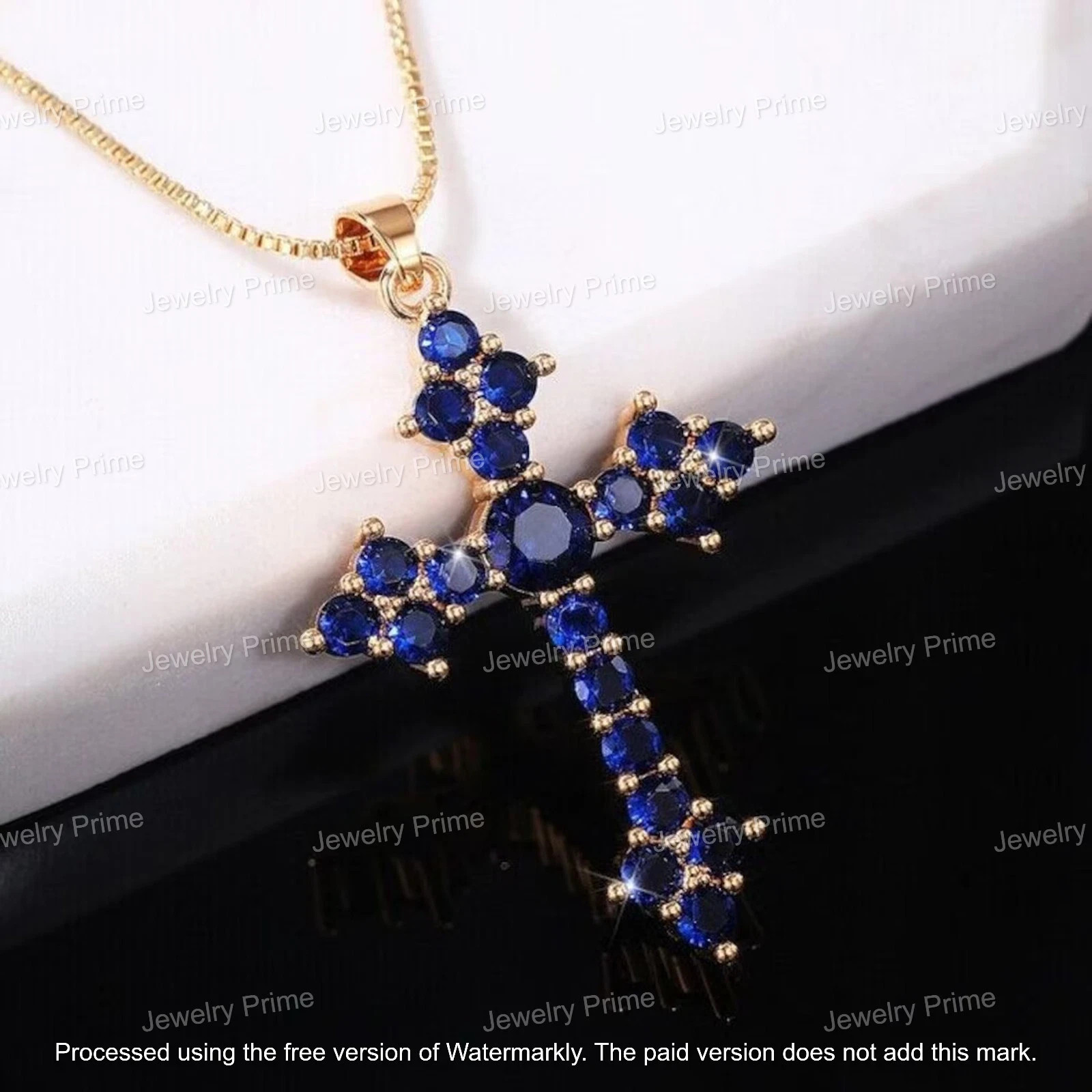 3Ct Round Cut Blue Sapphire Diamond Created Cross Pendant 14K Yellow Gold Finish