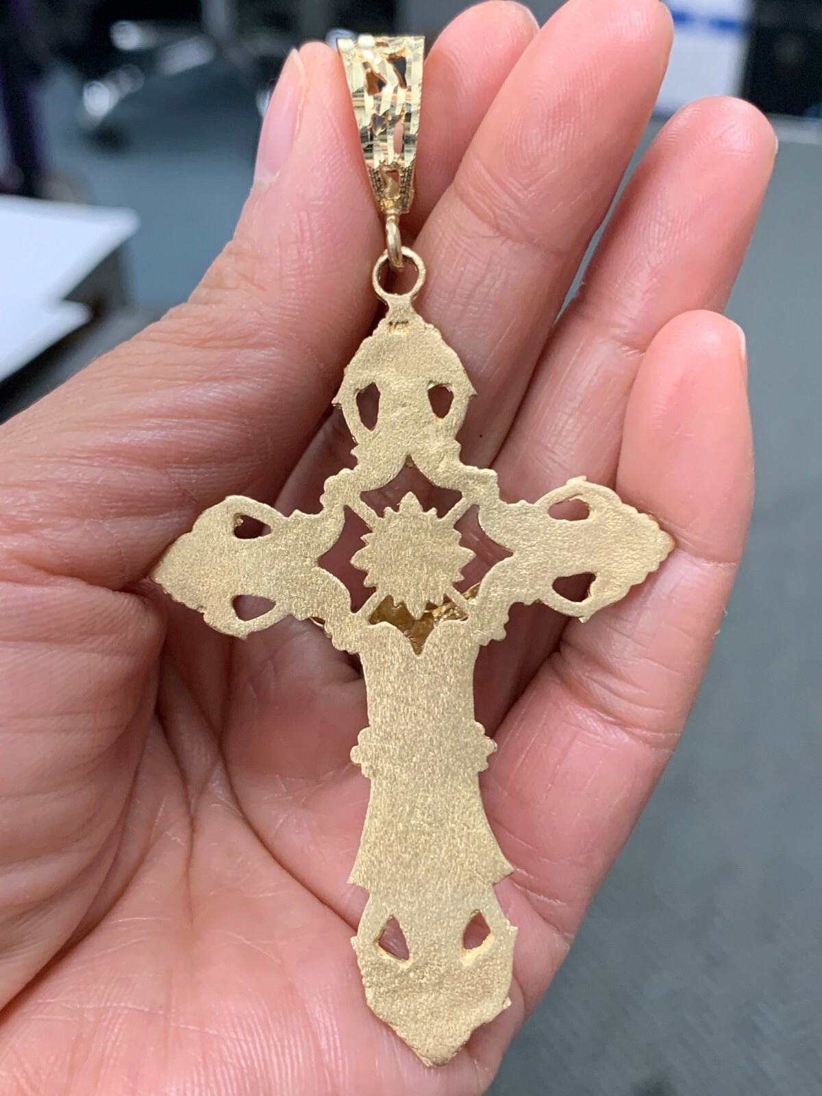 14k Yellow Gold Religious INRI Jesus Christ 3D Big Cross Pendant 3.36″ 16.4grams