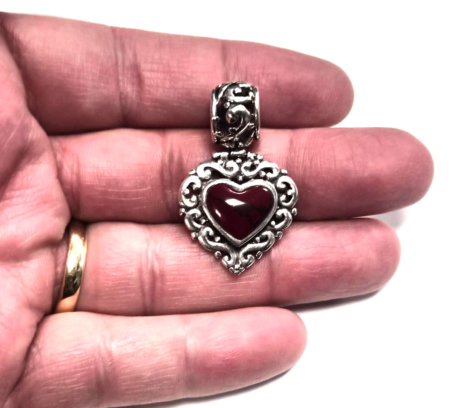 Estate Signed ATI Mexico 925 Sterling Silver & Red Jasper Heart Slide Pendant