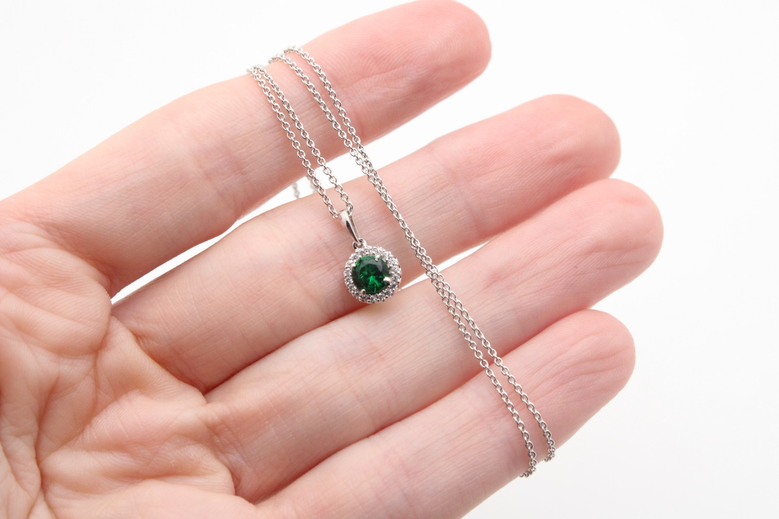 925 Sterling Silver KA1772 Sparkling Pave Green Stone Halo Chain Necklace