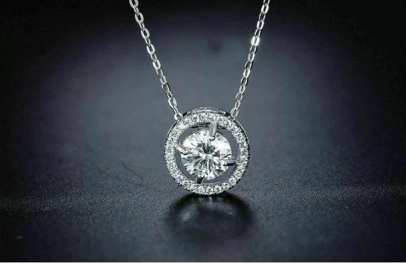 14K Solid White Gold Chain 2 Carat VVS1 Lab Created Diamond 925 Silver Pendant