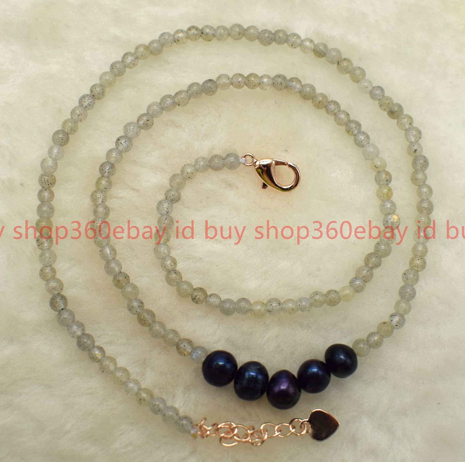 Natural 3mm Gray Labradorite Round Gemstone Beaded Black Pearl Necklace 16-28in