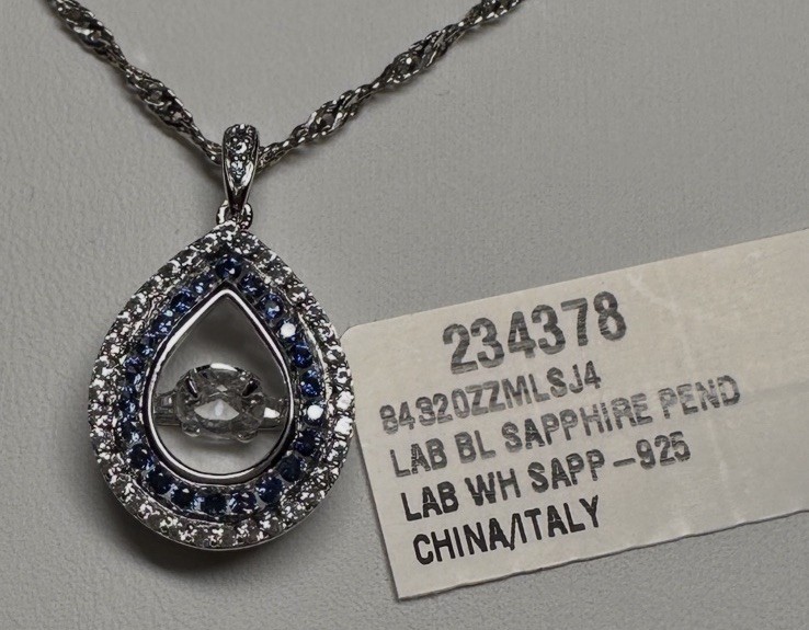 New lab-created Blue and White Sapphire Pendant Dancing Stone Sterling Silver
