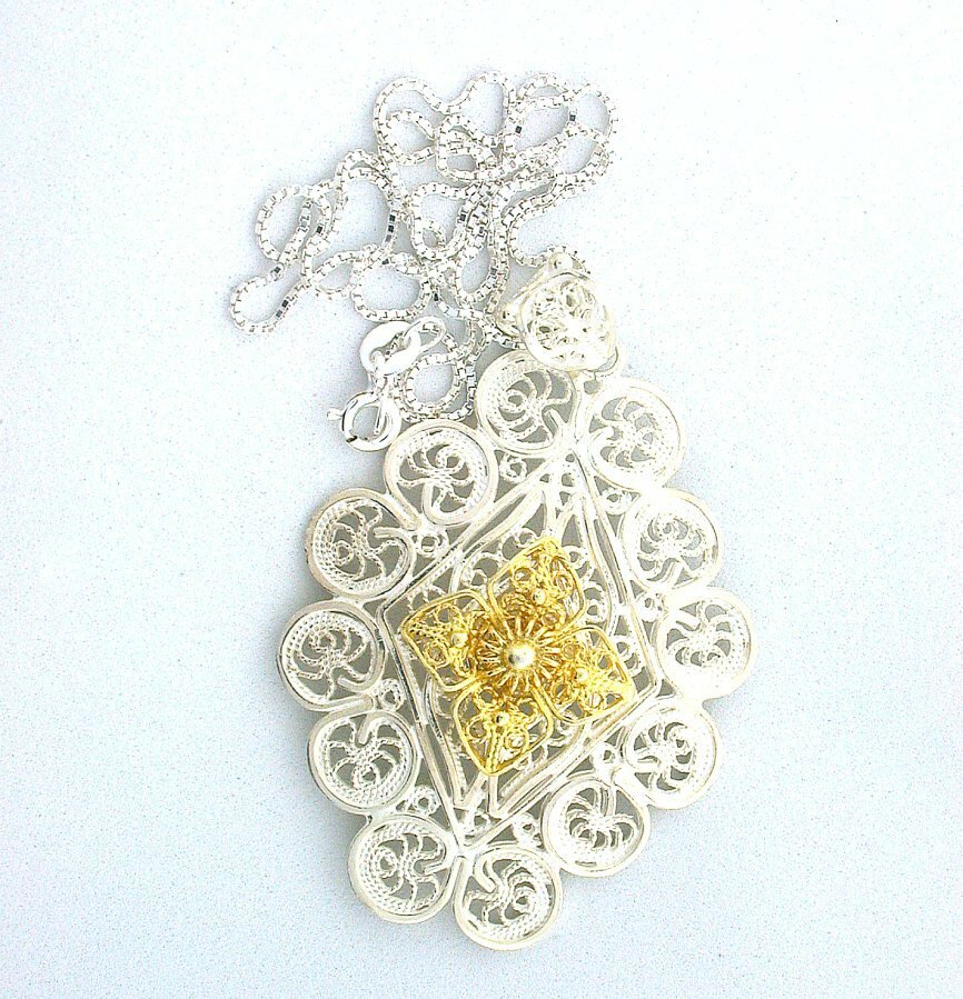 2 1/5 x 1 2/5 Inch .925 Sterling Silver Filigree Pendant And 18 Inch Box Chain
