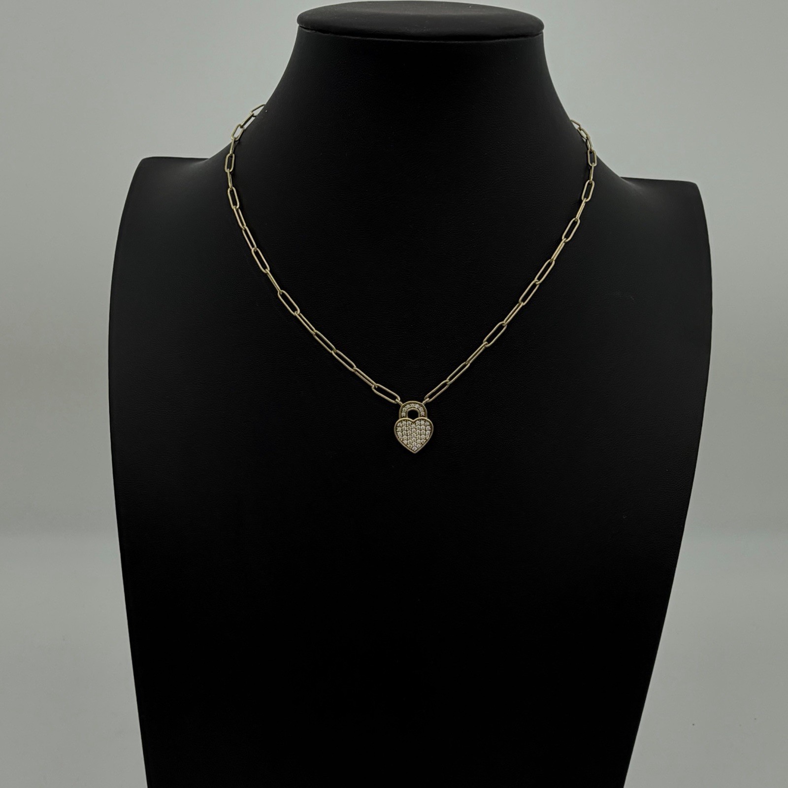 Vtg Sterling Over Gold Pave Diamond Heart Necklace Paper Clip Chain