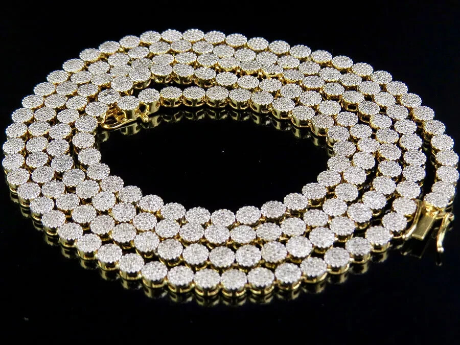 Mens 10K Yellow Gold 1 Row Cluster 7 CT. Natural Diamond Chain Necklace 30″in