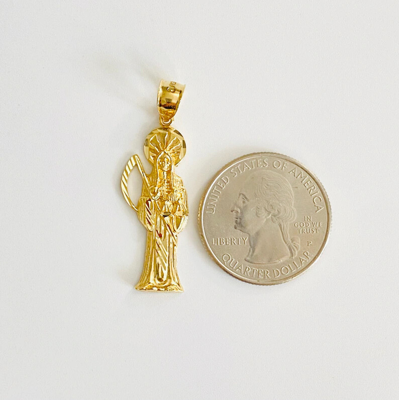 14K Solid Gold 1.5″ Grim Reaper, Holy Death Pendant-14K Gold Santa Muerte-PT1158