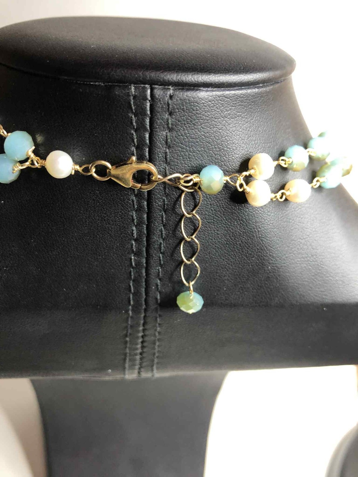 6561 Vermeil 925 faux Turquoise Crystal & pearl station layered Necklace 18″