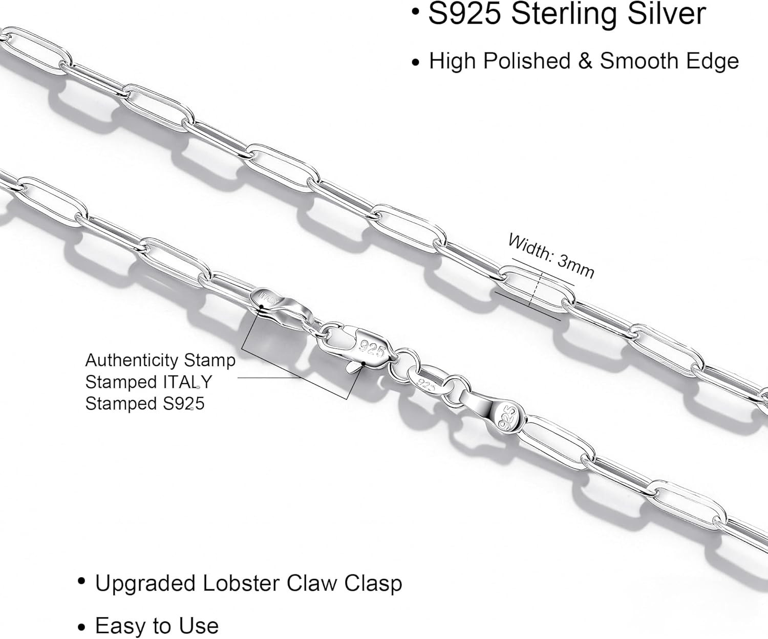 S925 Sterling Silver Paperclip Chain Necklace for Women – 3Mm Sterling Silver Pa