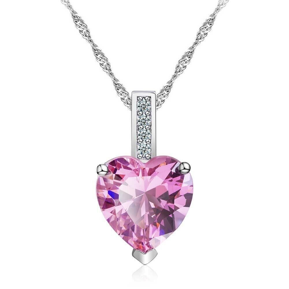 2Ct Heart Cut Lab-Created Pink Sapphire Solitaire Pendant 14K White Gold Plated