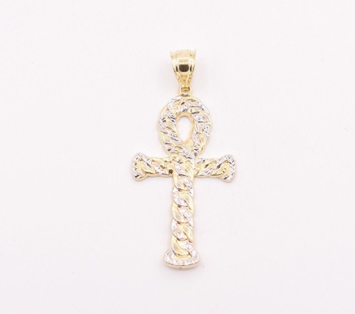2″ Diamond-Cut Ankh Cross Pendant 10K Yellow White Gold