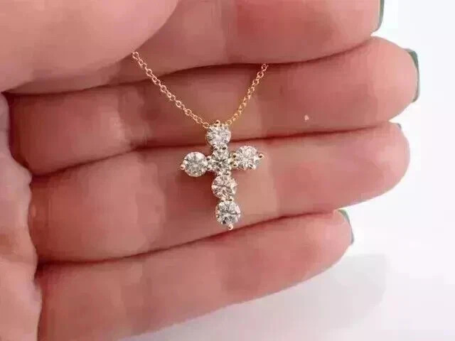 1.50CT Round-Cut Real Moissanite Cross Pendant Necklace 14K Yellow Gold Plated