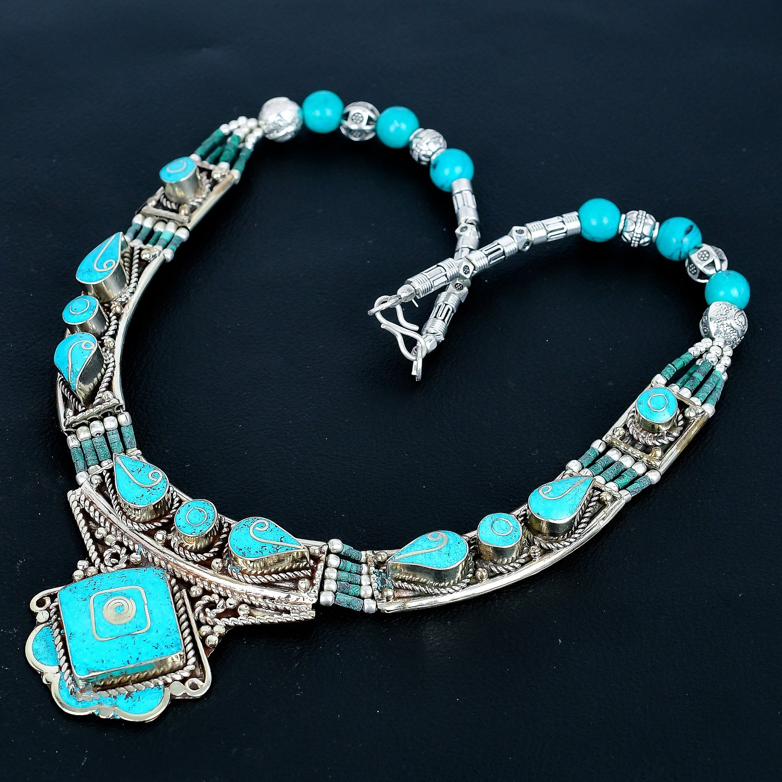 Turquoise Handmade 925 Sterling Silver Tibetan Nepalese Nepali Necklace 18″ J674