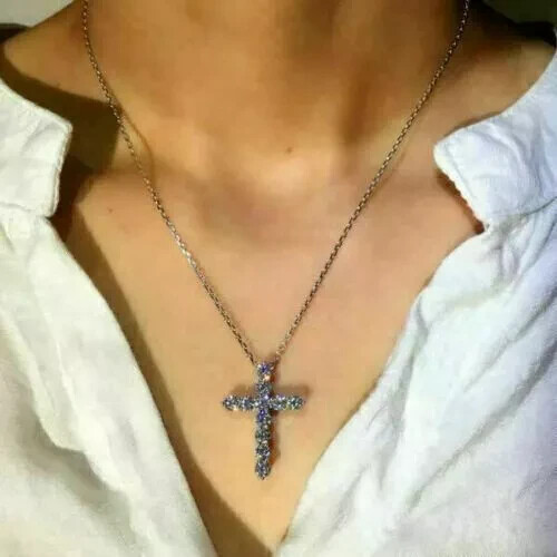 3.00 Ct Round Cut Moissanite Cross Pendant With Chain 14k White Gold Plated