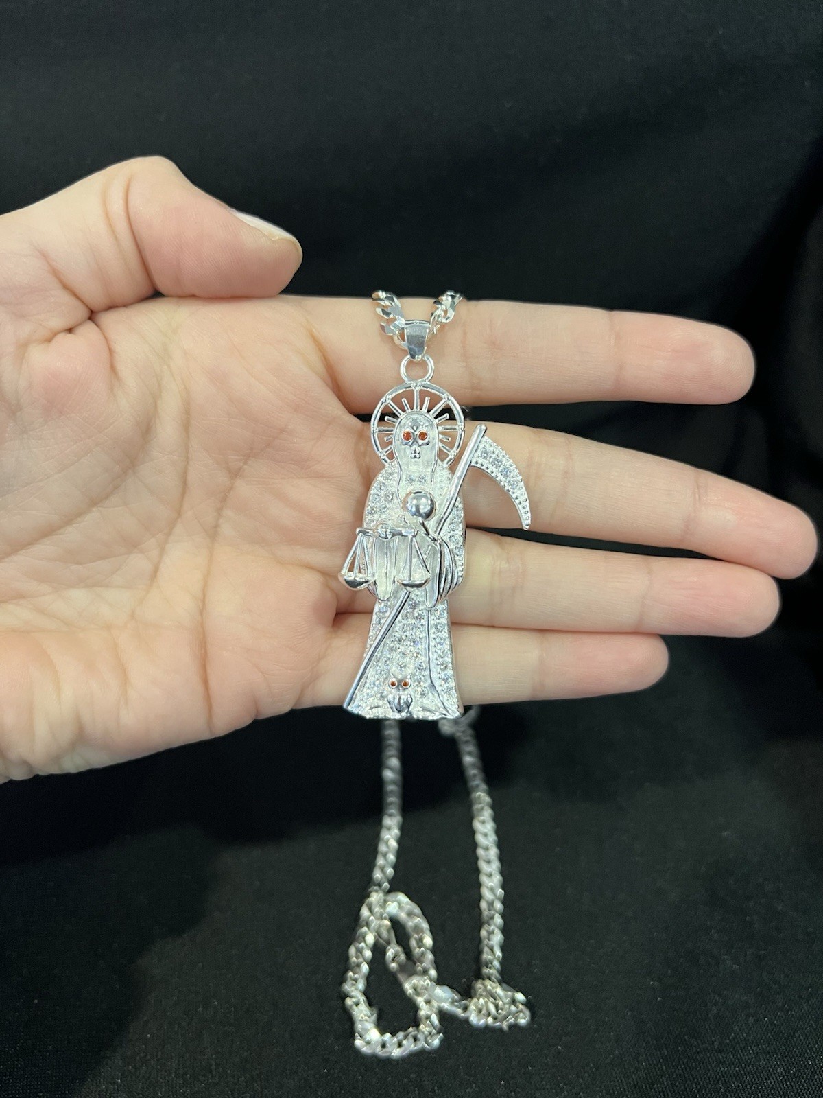 925 Sterling Silver Men Big CZ Santa Muerte Grim Reaper & Curb Chain 20 26 30