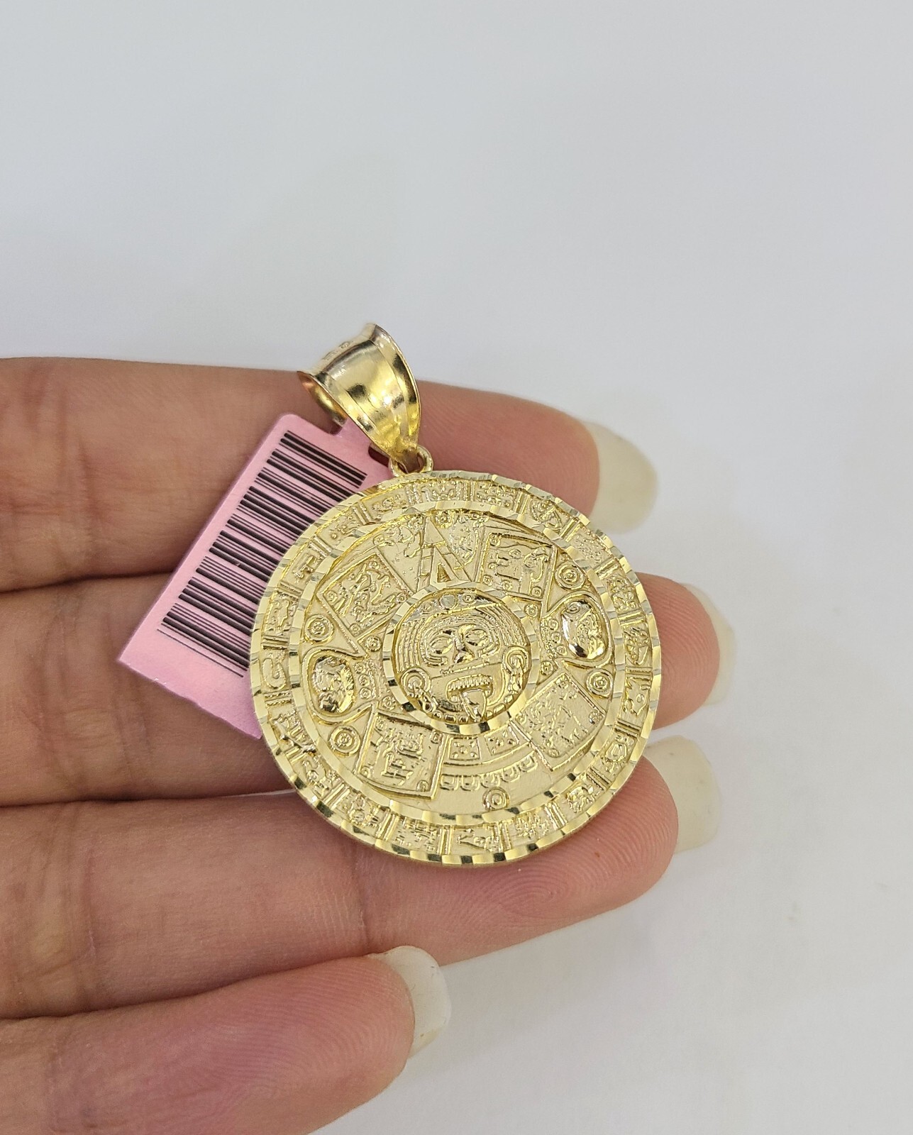 Real 14k Gold Charm Pendant Aztec Mayan Calendar 1.5″ Round Style 14k
