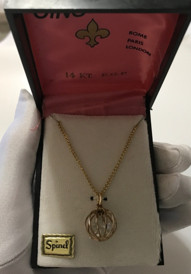 Vintage Spinel 14KT E.G.P. Caged Crystal Pendant Necklace In Original Box