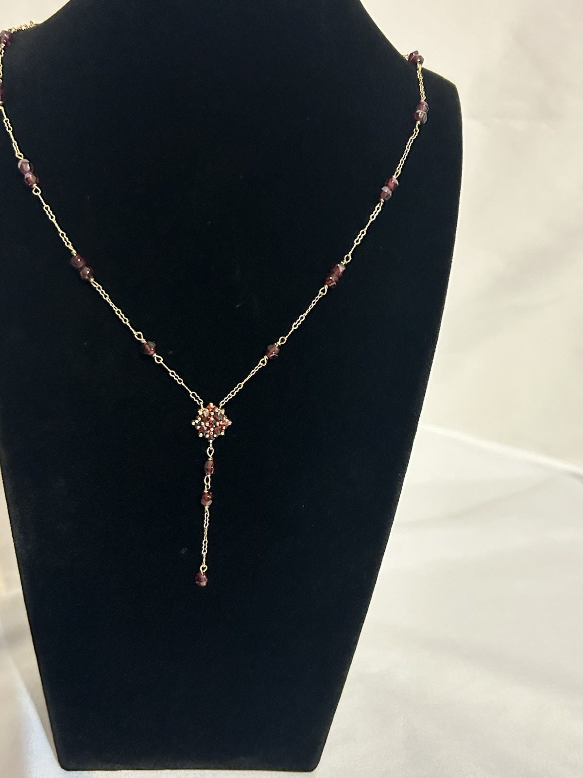 Vintage 10K, Gold Bohemian Garnet Lavalier Y-Necklace Matching Cluster Charm