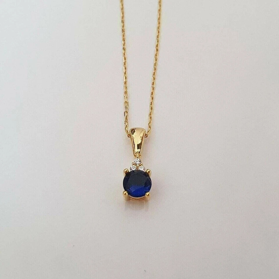 1.0Ct Round Cut Blue Sapphire Diamond Lab Created Pendant 14k Yellow Gold Plated