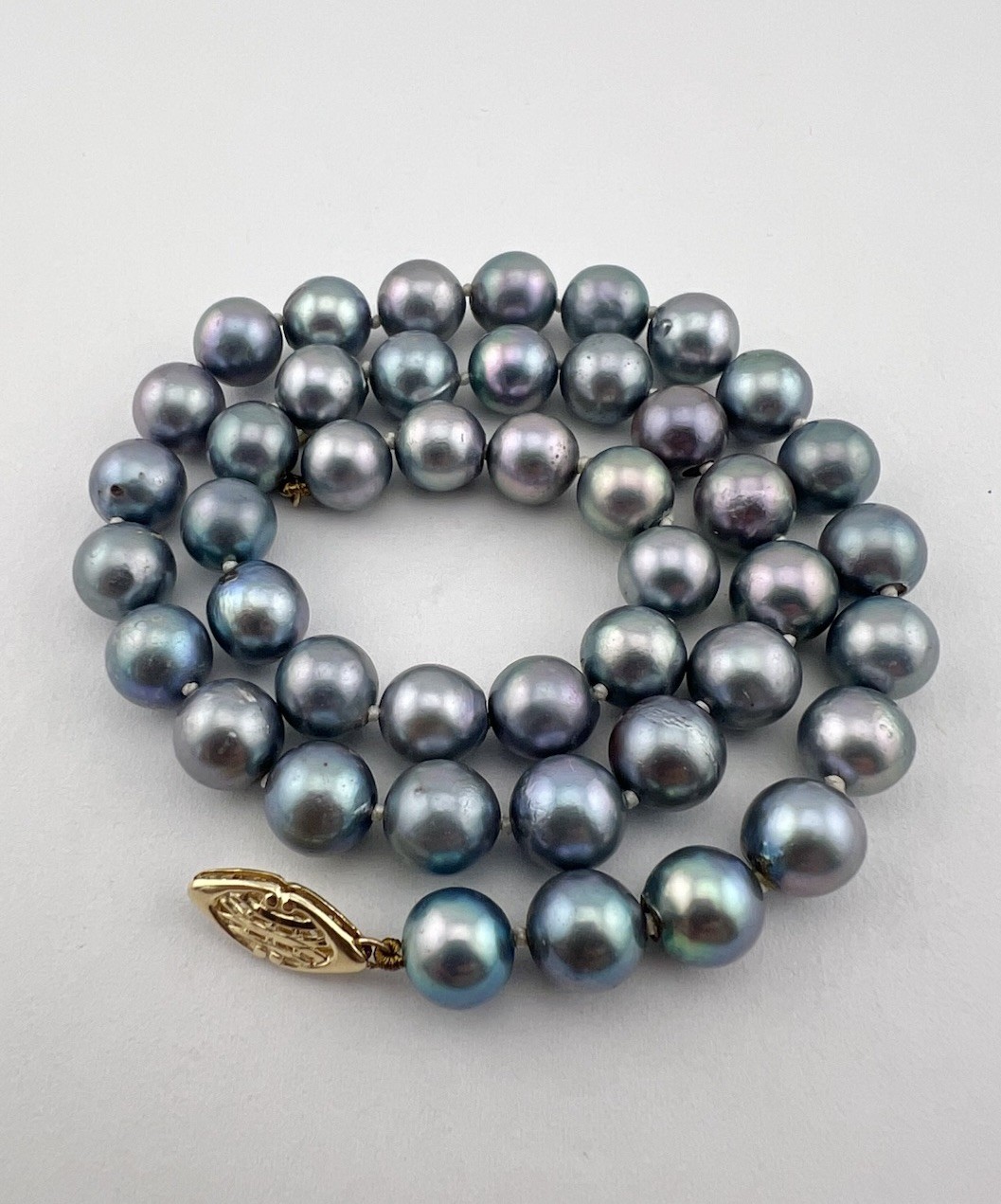 14k Gold 8mm Blue Tahitian Akoya Baroque Saltwater Pearl Knotted Necklace 16″
