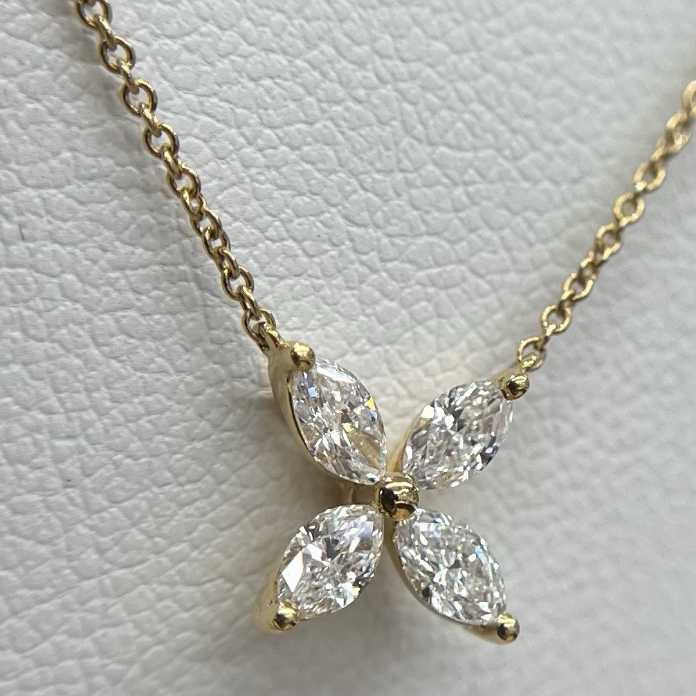 Dainty 0.47cts Marquise Real Diamonds Flower Pendant 18K Yellow Gold Necklace