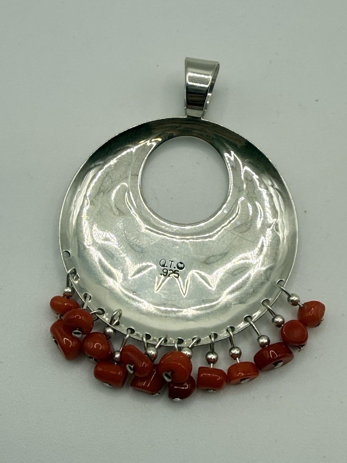 Southwestern Sterling Silver Pendant Quoc QT 925 Red Coral Nugget Dangle Etched