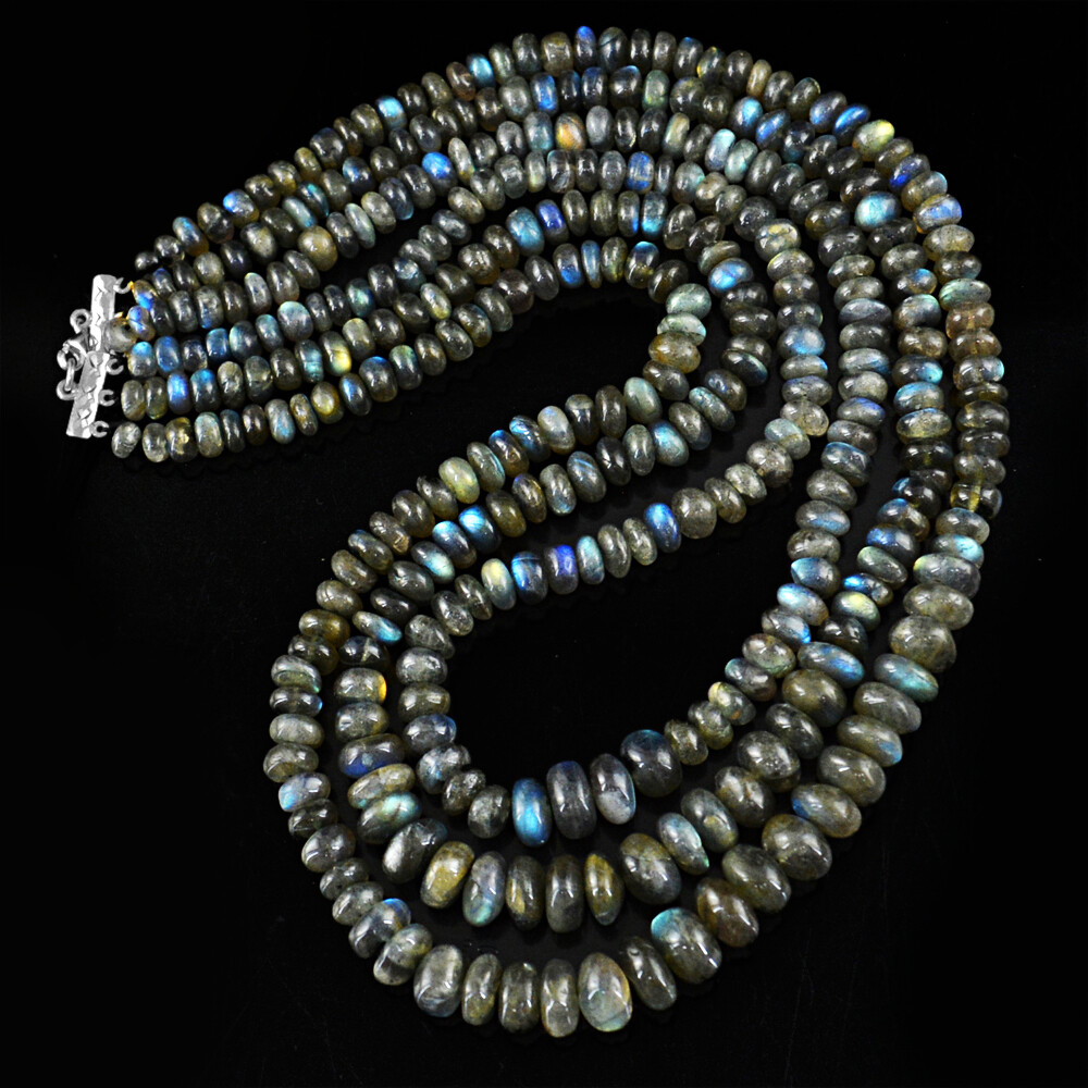574.00 Cts Earth Mined 3 Strand Labradorite Rondelle Beaded Necklace JK 51KY6