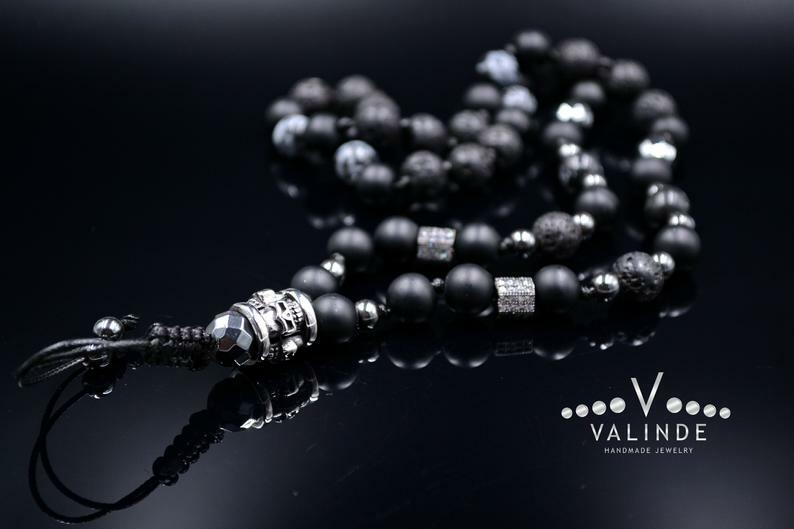 Mens Skull Necklace Cubic Zirconia Obsidian Lava Onyx Hematite Necklace – 70cm