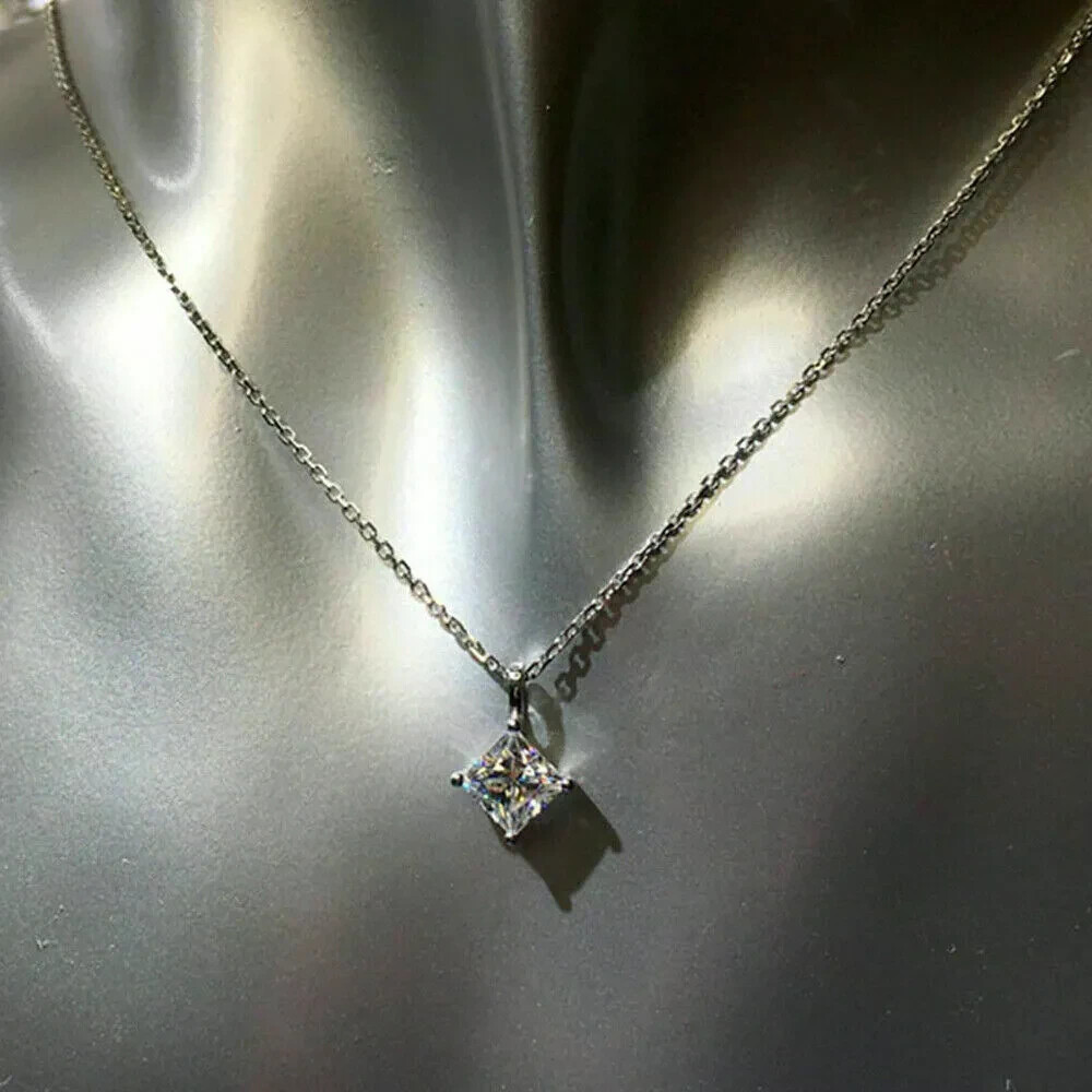 3.00 Ct Princess Cut Moissanite 4 Prong Solitaire Pendant 14K White Gold Plated