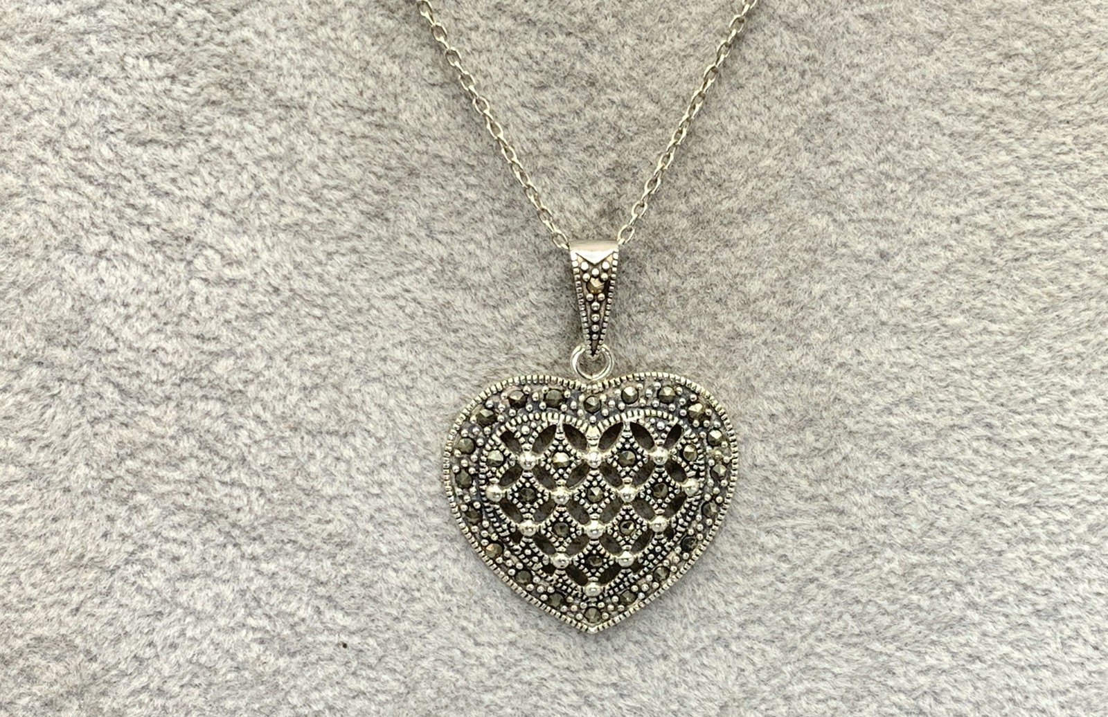 Sterling Silver, Marcasite Heart Pendant Necklace