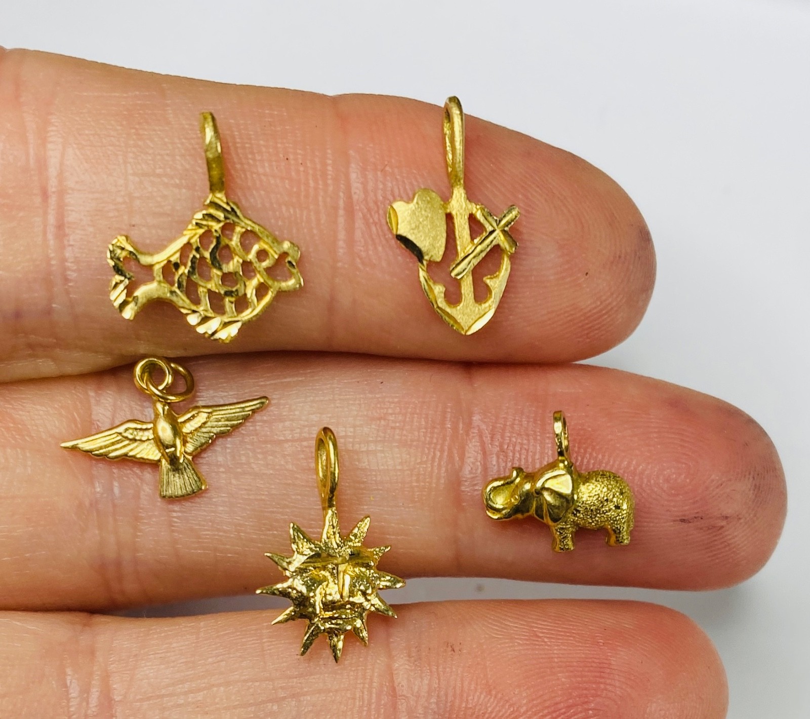 Vintage 14k Gold Charms Lot, 2 Grams! Sun, Fish, Elephant, Bird, Anchor