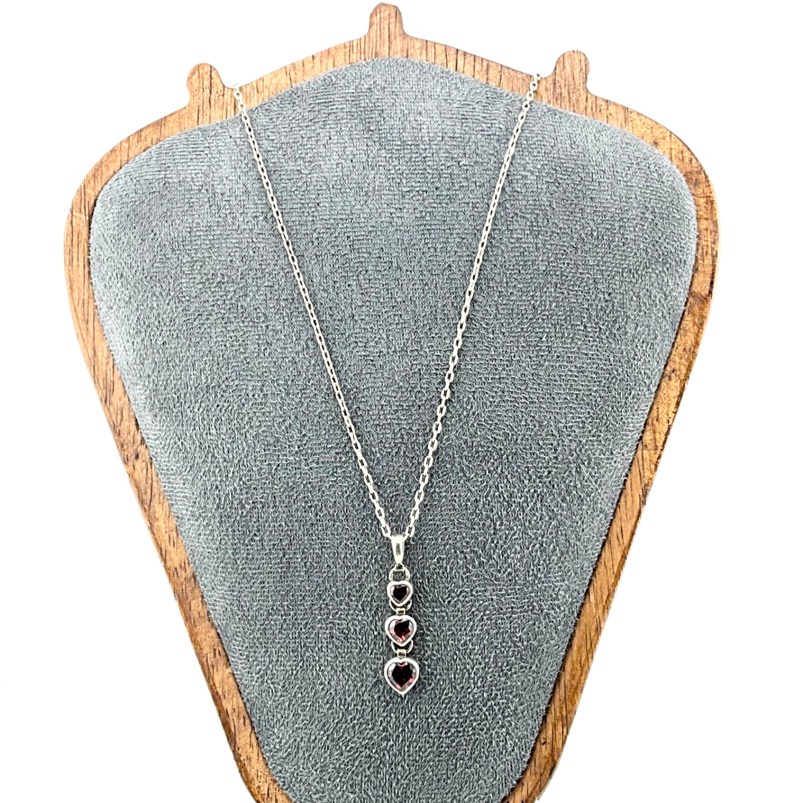 Minimalist Sterling Silver Three Heart Pendant Red Garnet with 17” Chain