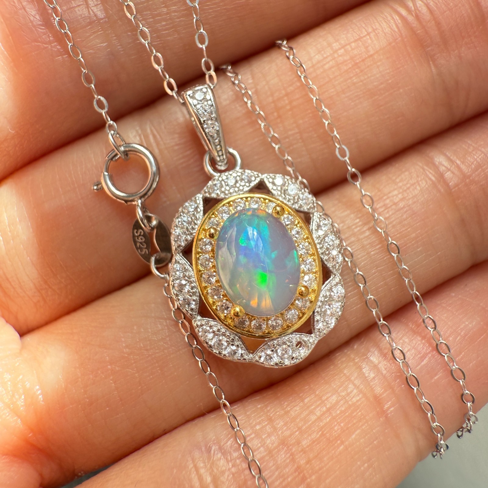925 Sterling Silver Necklace 8x6mm Natural Opal Handmade Flower Birthstone