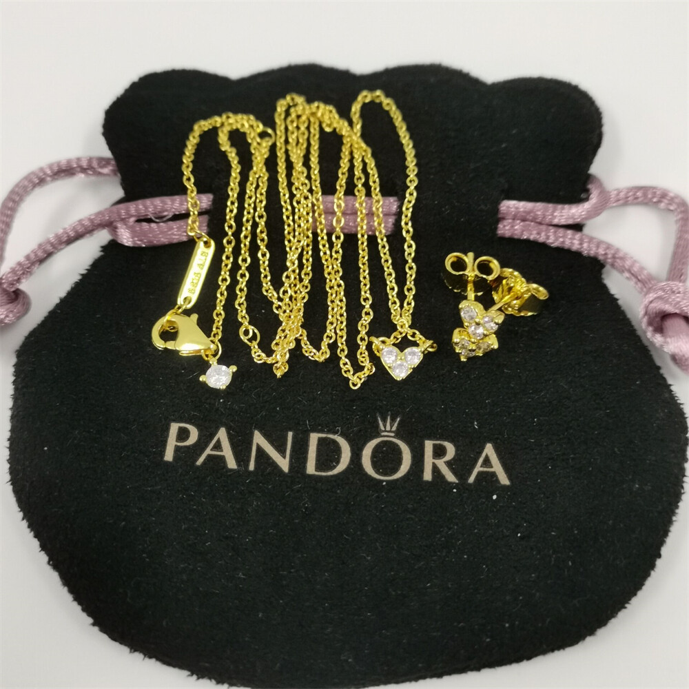 pandora Golden Triple Stone Heart Necklace and Earrings Set 45cm