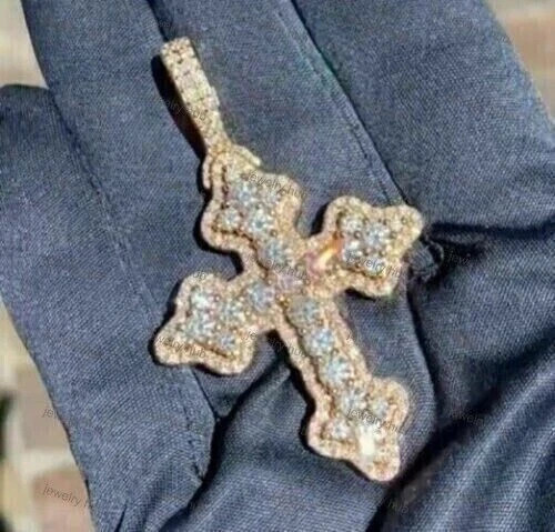 3.40Ct Lab Created Moissanite Men’s Layered Cross Pendant Real 10K Yellow Gold