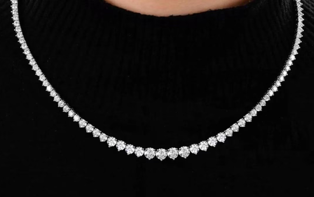 9Ct Round Lab Created Graduated Diamond Tennis Necklace 18″ 14k White Gold FN