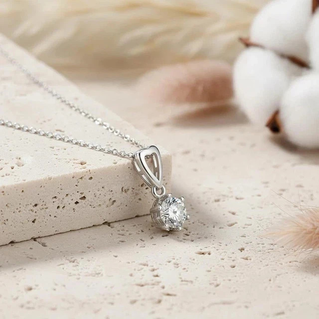6mm Round cut Lab Grown Diamond 14k White Gold plated Solitaire Charm Pendant
