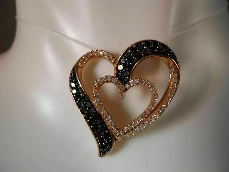 1Ct Round Cut Black Diamond Open Heart Pendant 14K Rose Gold Finish