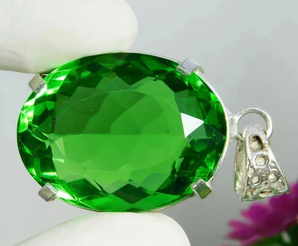 67 Ct Green Topaz Oval Cut Sterling Silver Certified Gemstone Pendant Jewelry