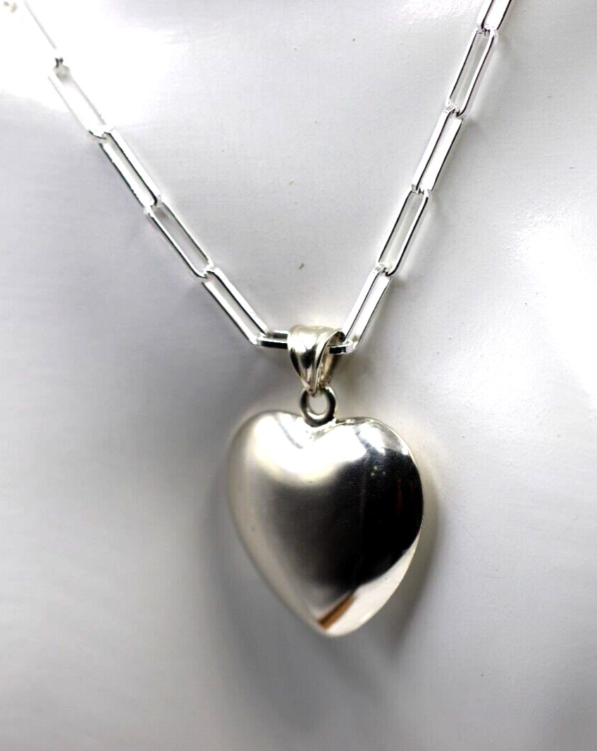 Sterling Silver 925 Paperclip 70cm Necklace + Puffy Heart Pendant -Free Post