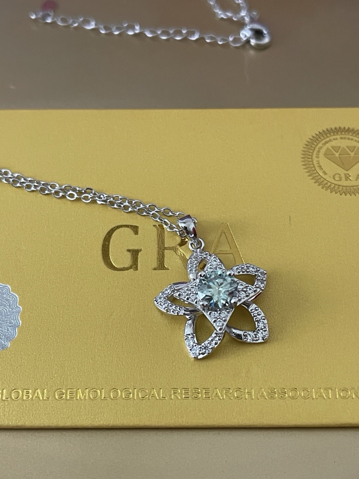 GRA Moissanite 1 CT Floral Pinwheel Turquoise Pendant Necklace NEW