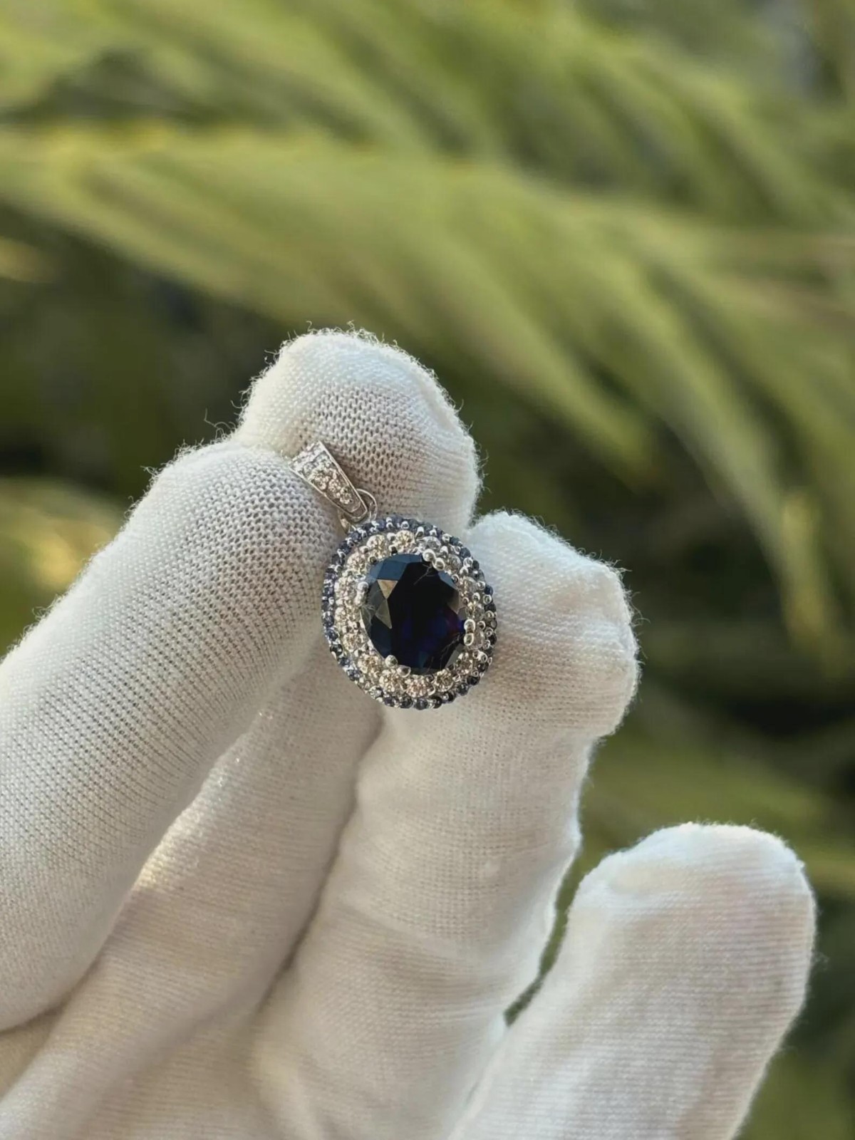 2 Ct Lab Created Oval Cut Halo Blue Sapphire Women Pendant 14K White Gold Plated