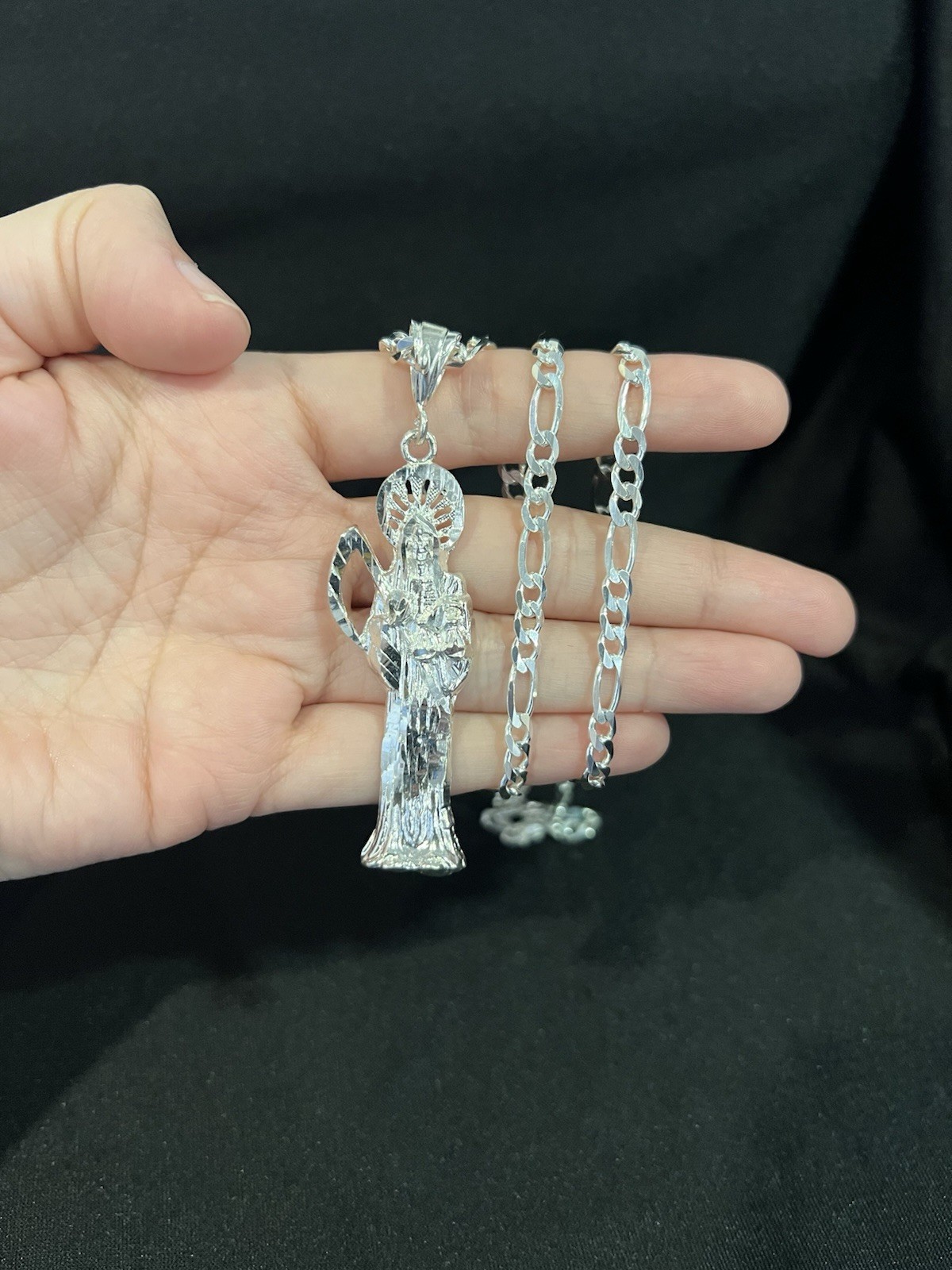 925 Sterling Silver Men Women Big Santa Muerte Grim Reaper Figaro Chain 20 24 30